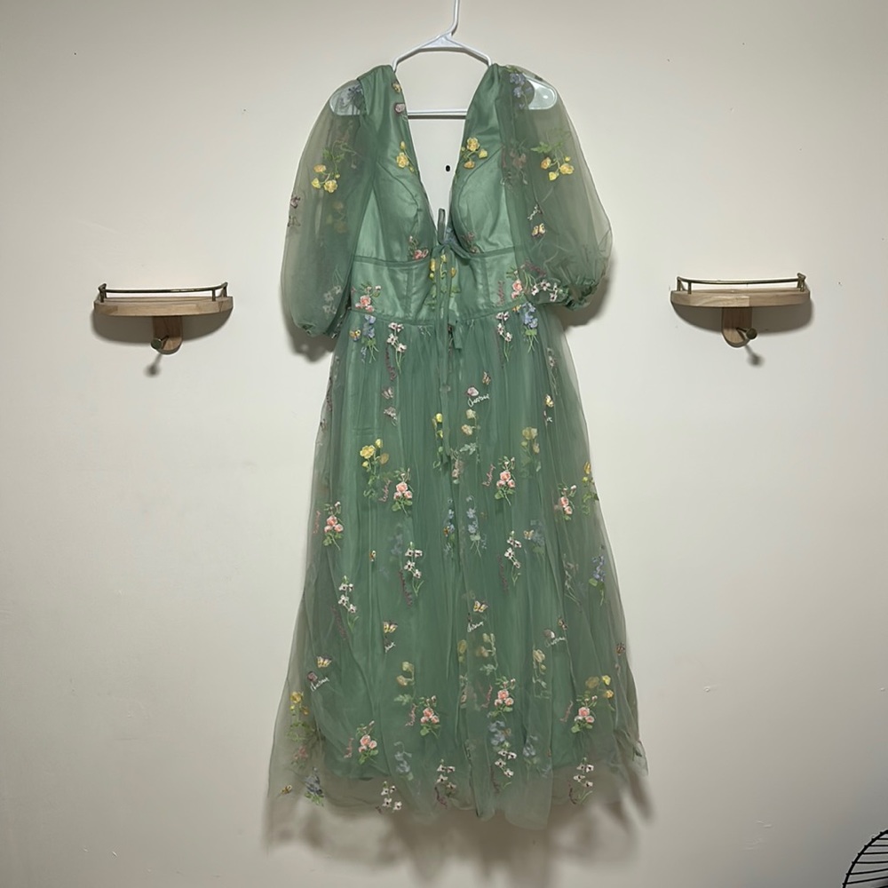 Mint Green Corset Back Tulle Embroidered Fairy Dress Size 16